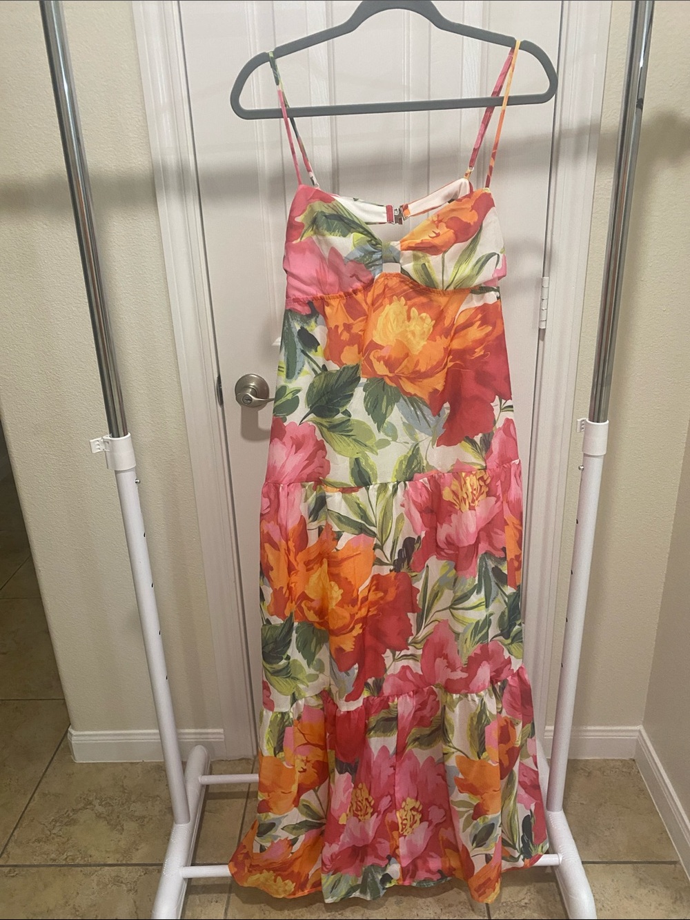 Crystal Doll Floral Spaghetti-Strap Maxi Sun Dress - Pink & Orange SizeL NWT